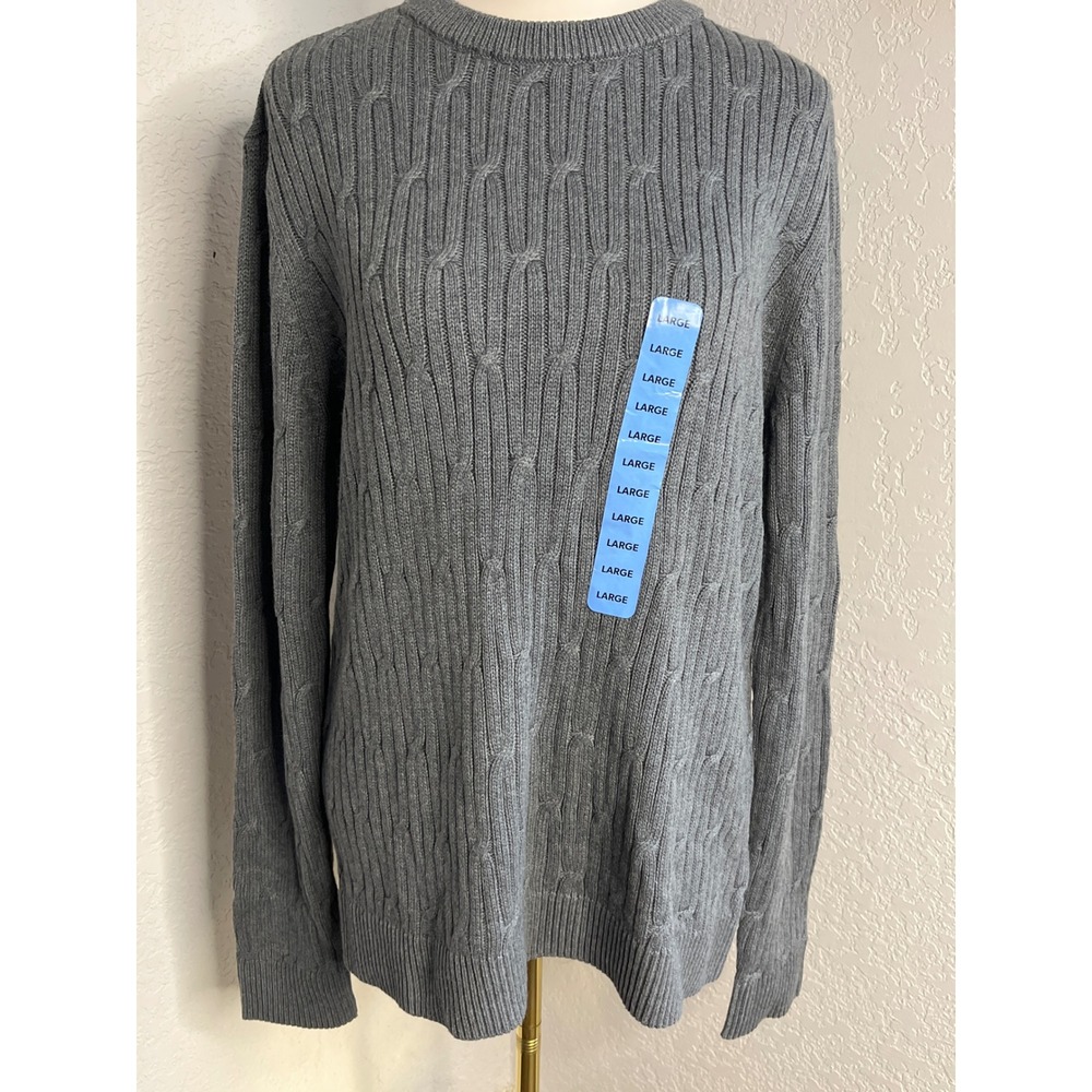 EXPRESS Mens Cable Knit Sweater Large Gray Crew Neck Long Sleeve Casual Classic
